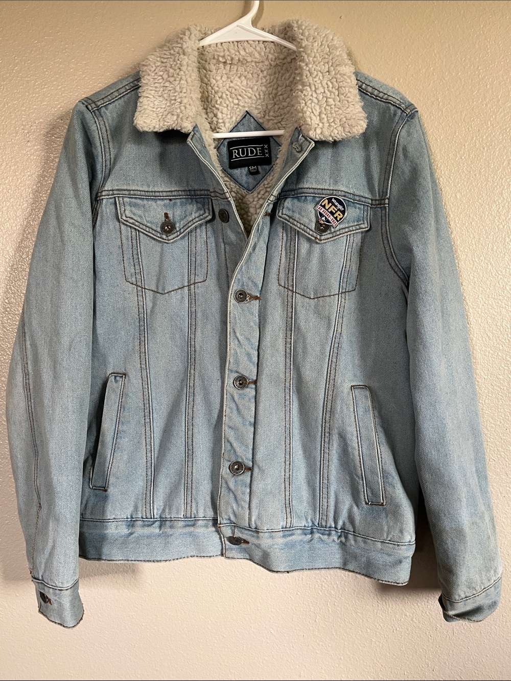 RUDE Light Blue Denim Sherpa Jacket with Cream Collar